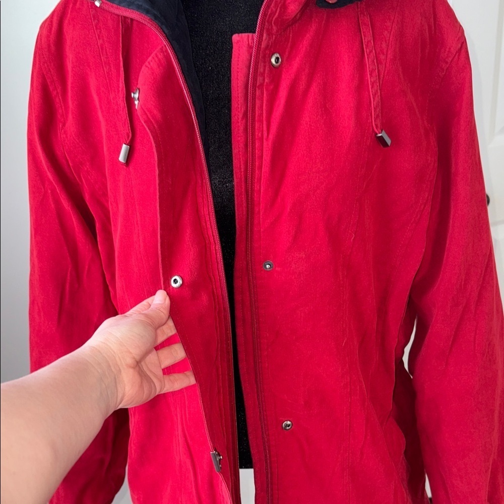 London Fog Long Red Trench Coat | Removable Hood | Women’s L | Lined - Picture 7 of 12